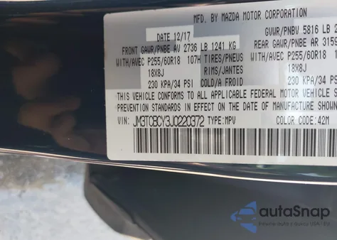 2018 Mazda Cx-9 Touring z USA, uszkodzony, nr VIN JM3TCBCY3J0220372